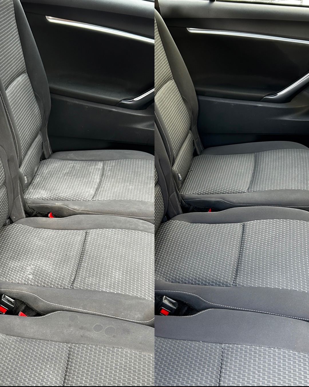 Tapicerka samochodowa przed i po czyszczeniu. Widoczne wyraźne różnice w czystości fotela, szczególnie na siedzisku i bocznym panelu.