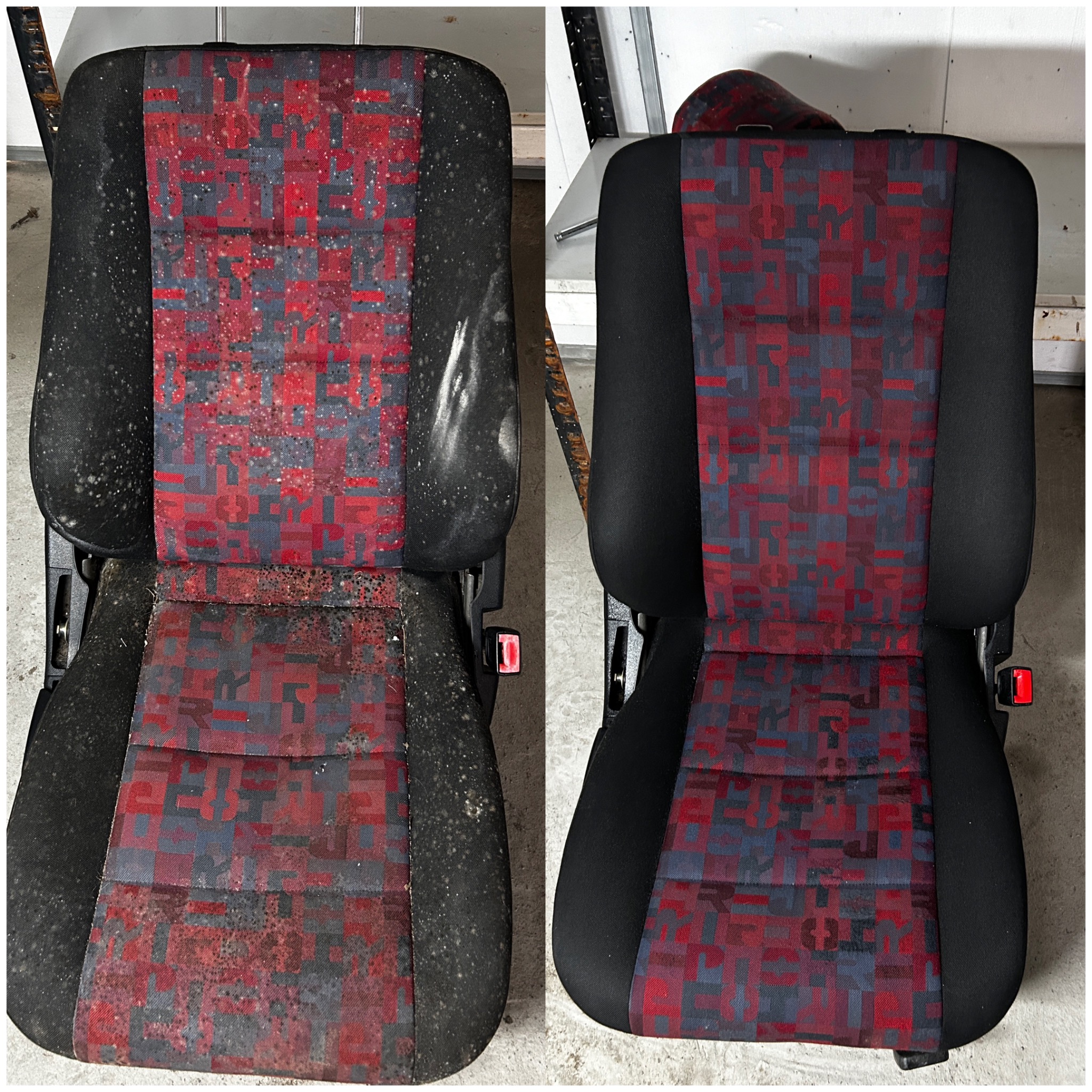 Tapicerowane siedzenie samochodowe przed i po czyszczeniu, ukazujące wyraźną różnicę w wyglądzie i czystości, wzór w czerwono-szare kwadraty.