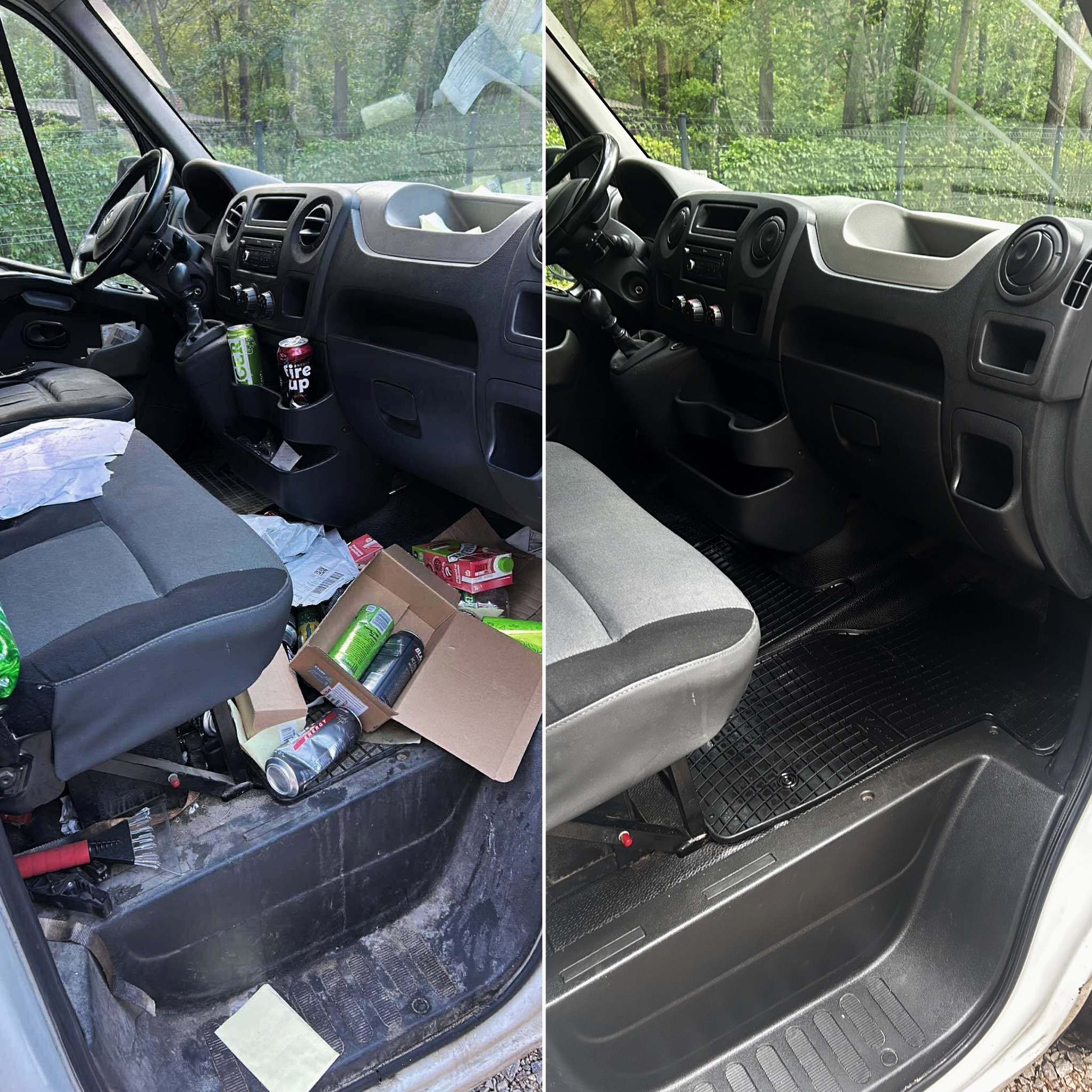 Wnętrze busa przed i po czyszczeniu: brudna podłoga z puszkami vs. czysta, czarna podłoga z gumowymi dywanikami. Widoczne fotele i deska rozdzielcza.