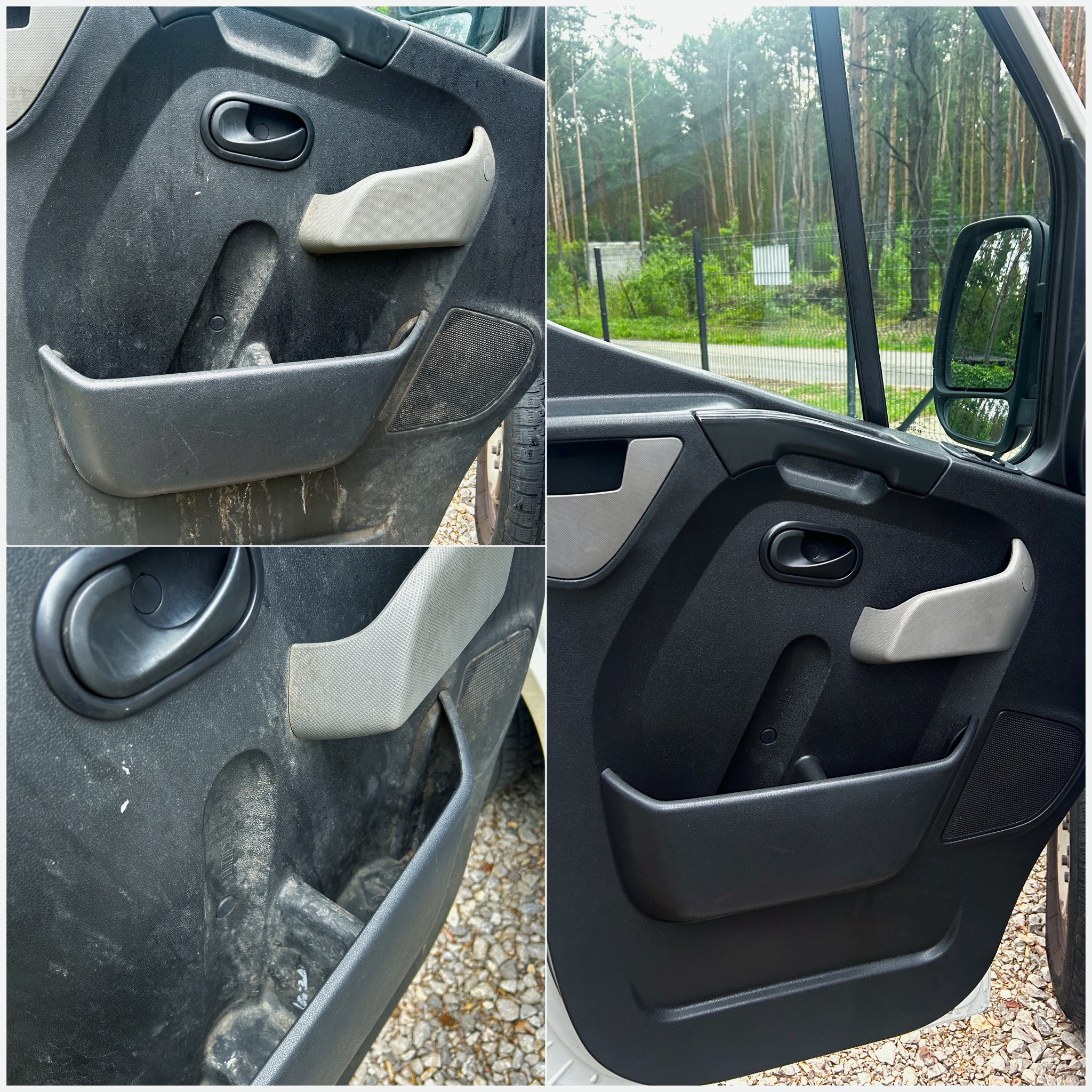 Kolaż: drzwi samochodu przed i po czyszczeniu. Lewa strona - widoczne zabrudzenia, prawa - czyste, odświeżone plastiki. Efekt czyszczenia tapicerki samochodowej.