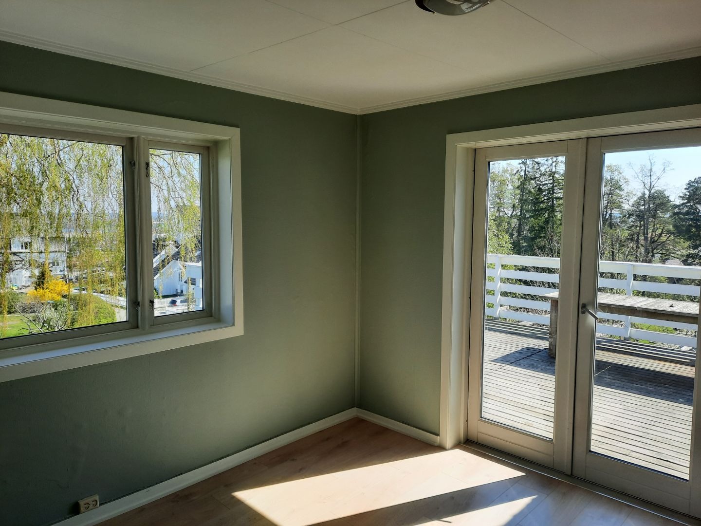 Pomalowane na zielono wnętrze z oknem i wyjściem na taras w Zgierzu. Widok na zieleń za oknem i na tarasie. Świeżo odmalowane ściany i drewniana podłoga.