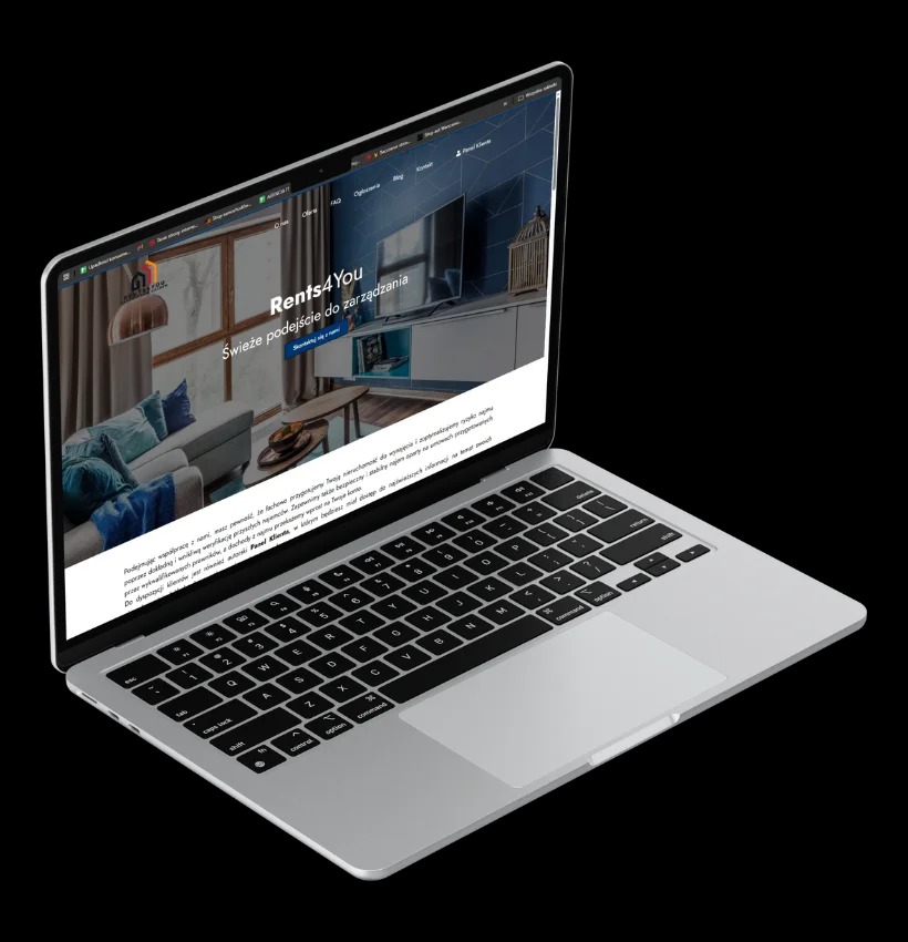 Laptop wyświetla stronę internetową Rents4You z nowoczesnym wystrojem wnętrz. Perspektywa z góry ukazuje klawiaturę i touchpad na czarnym tle.