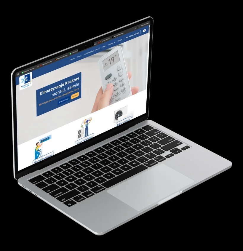 Laptop wyświetlający stronę internetową firmy Klimatyzacja Kraków. Strona w kolorystyce błękitno-białej z grafikami montażu i serwisu klimatyzacji.