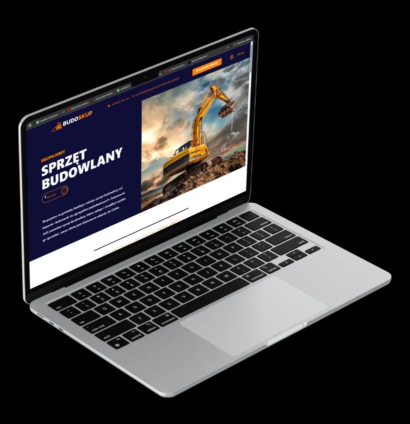 Laptop prezentuje stronę internetową Budoskup z grafiką koparki na tle nieba. Strona oferuje skup sprzętu budowlanego. Widok z perspektywy, czarne tło.