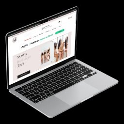 ROXMAT Roksana Siwek - Laptop wyświetla stronę internetową z nową kolekcją 2025. Widok z perspektywy, na czarnym tle. Ekran laptopa skierowany w stronę widza, klawiatura widoczna.