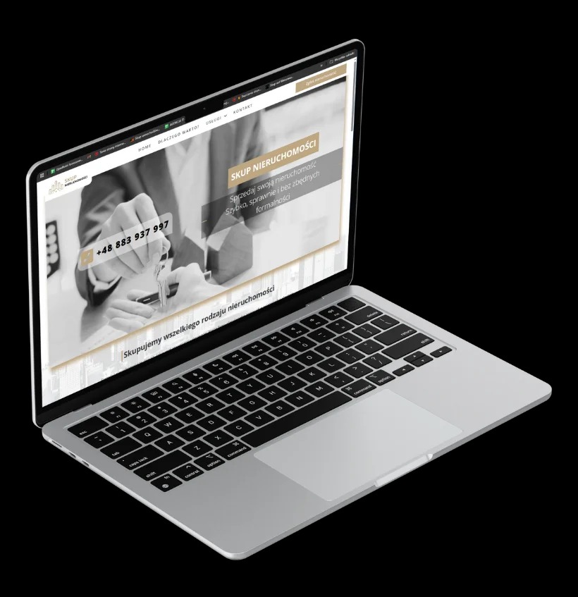 Laptop wyświetla stronę internetową 'Skup Nieruchomości' z numerem telefonu i hasłem 'Sprzedaj swoją nieruchomość szybko, sprawnie i bez zbędnych formalności'.