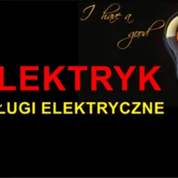 Grafika: czerwony napis 'ELEKTRYK' i żółty 'USŁUGI ELEKTRYCZNE' na czarnym tle, obok żarówka z napisem 'idea'.