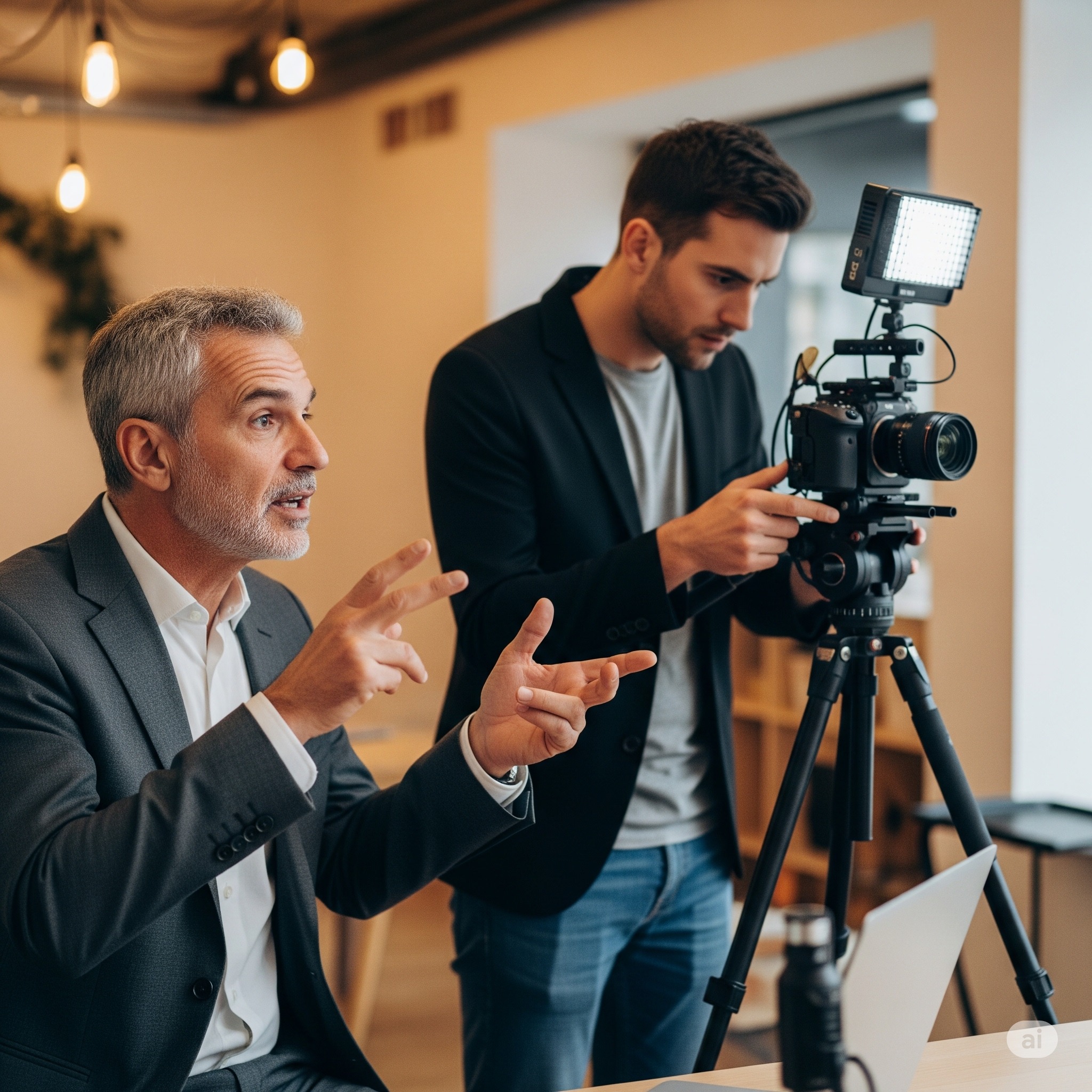 Realizacja filmu: mężczyzna w garniturze gestykuluje, operator kamery ustawia sprzęt na statywie. Laptop i butelka wody na stole.