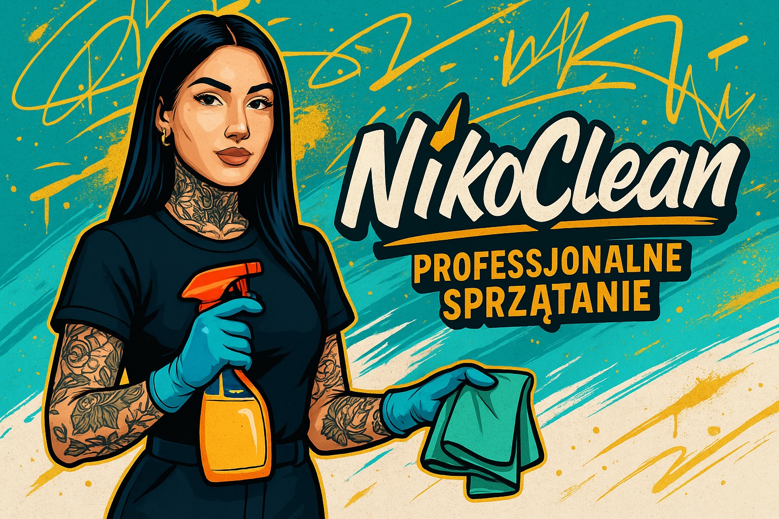 Grafika: Kobieta z tatuażami w rękawicach trzyma spryskiwacz i ściereczkę, obok logo NikoClean i napis 'Profesjonalne Sprzątanie' na turkusowo-kremowym tle.