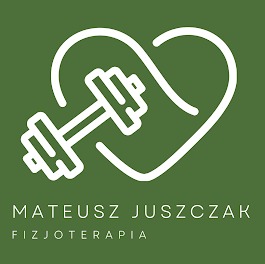 Graficzne logo: biały symbol serca z hantlą w środku na zielonym tle. Pod spodem imię i nazwisko oraz słowo 'Fizjoterapia' w dwóch wierszach.