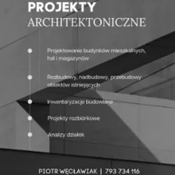 Grafika z informacjami o projektach architektonicznych, rozbudowach, analizach działek i kontaktem do architekta, na tle betonowej ściany.