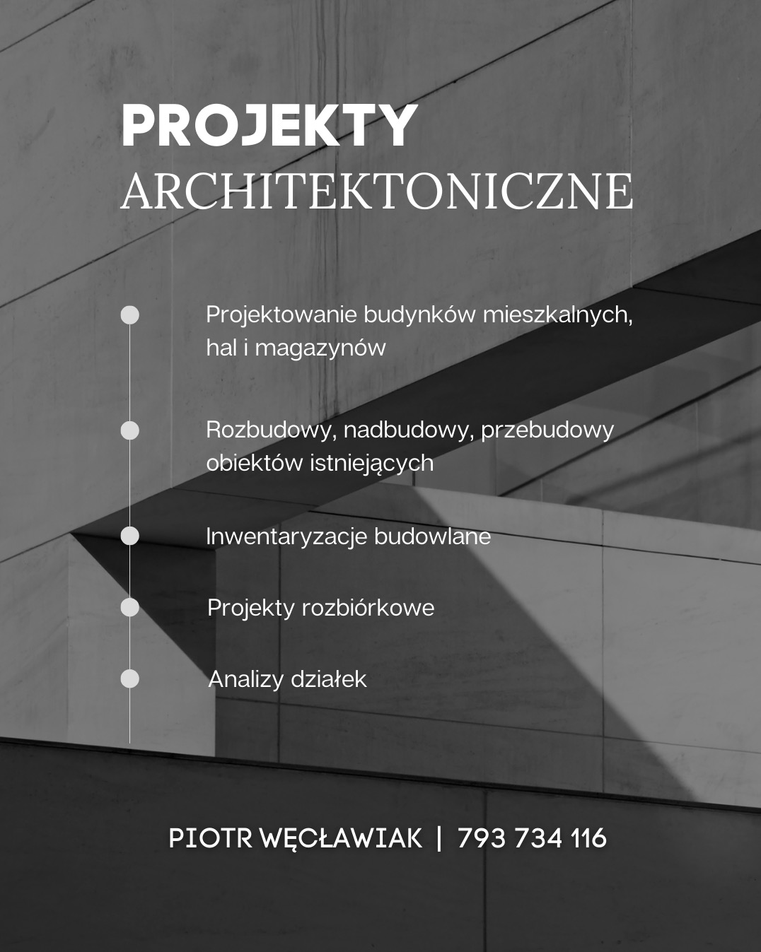 Grafika z informacjami o projektach architektonicznych, rozbudowach, analizach działek i kontaktem do architekta, na tle betonowej ściany.