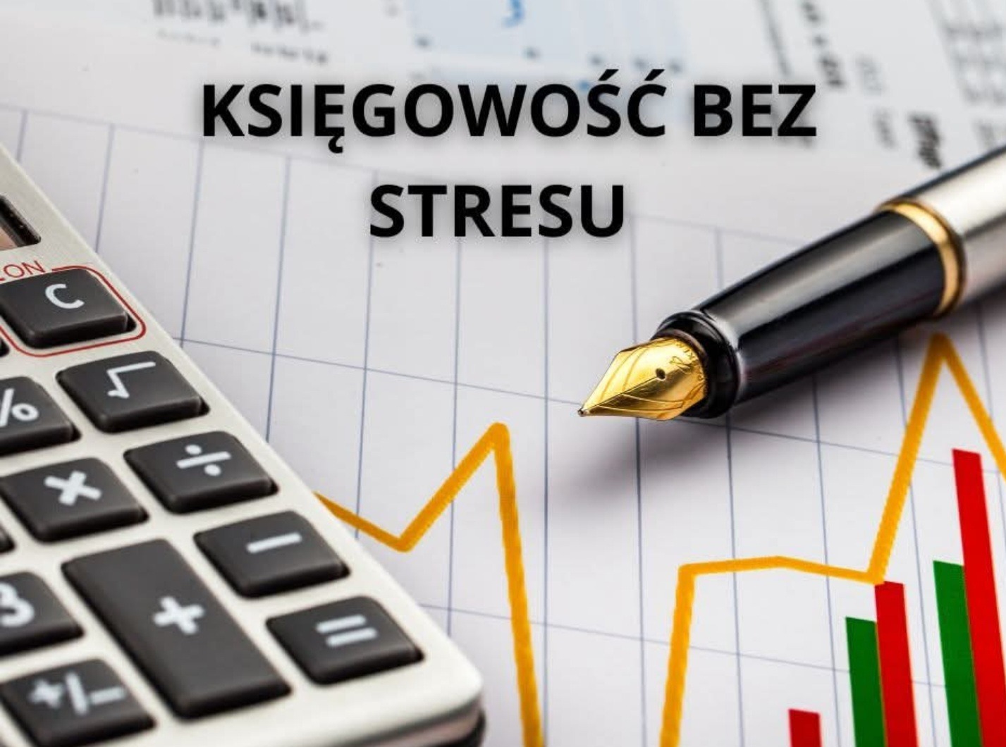 Kalkulator, pióro i wykres na papierze w tle z napisem 'Księgowość bez stresu'. Elementy sugerują usługi finansowe i analizę danych.