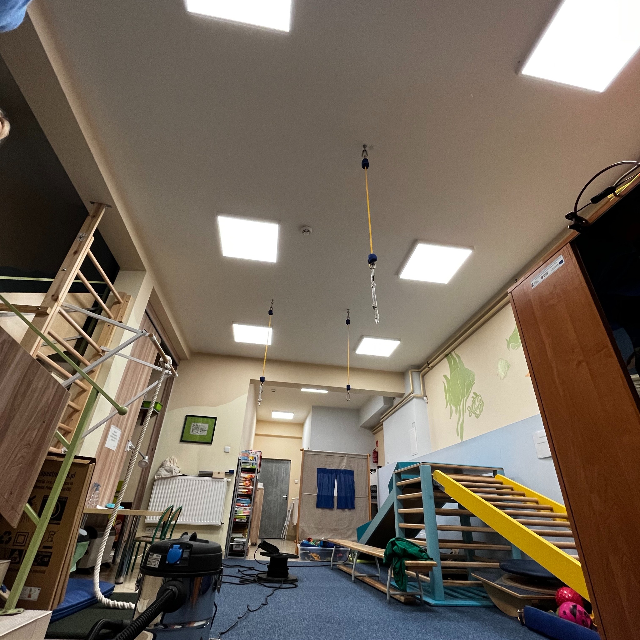 Sala zabaw z drabinkami, linami i lampami sufitowymi. Widok na przestrzeń z niebieską wykładziną, wyposażoną w sprzęt do ćwiczeń i meble. Oświetlenie sufitowe.