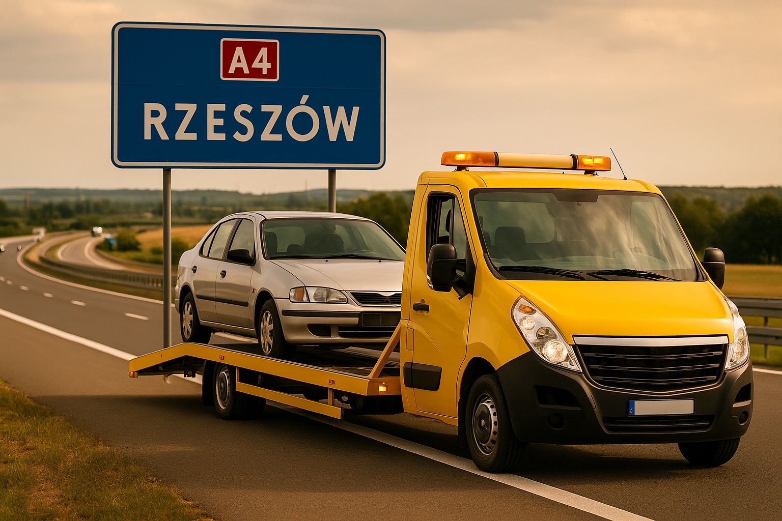 Żółta laweta z srebrnym autem osobowym na platformie, na tle znaku drogowego A4 Rzeszów, widok z boku, ciepłe oświetlenie.