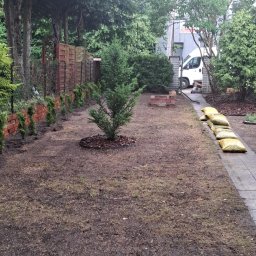 MKKA - Założony trawnik z młodymi drzewkami i krzewami wzdłuż ogrodzenia. Widoczne worki z ziemią i doniczka. Świeżo posiana trawa z widoczną ziemią.