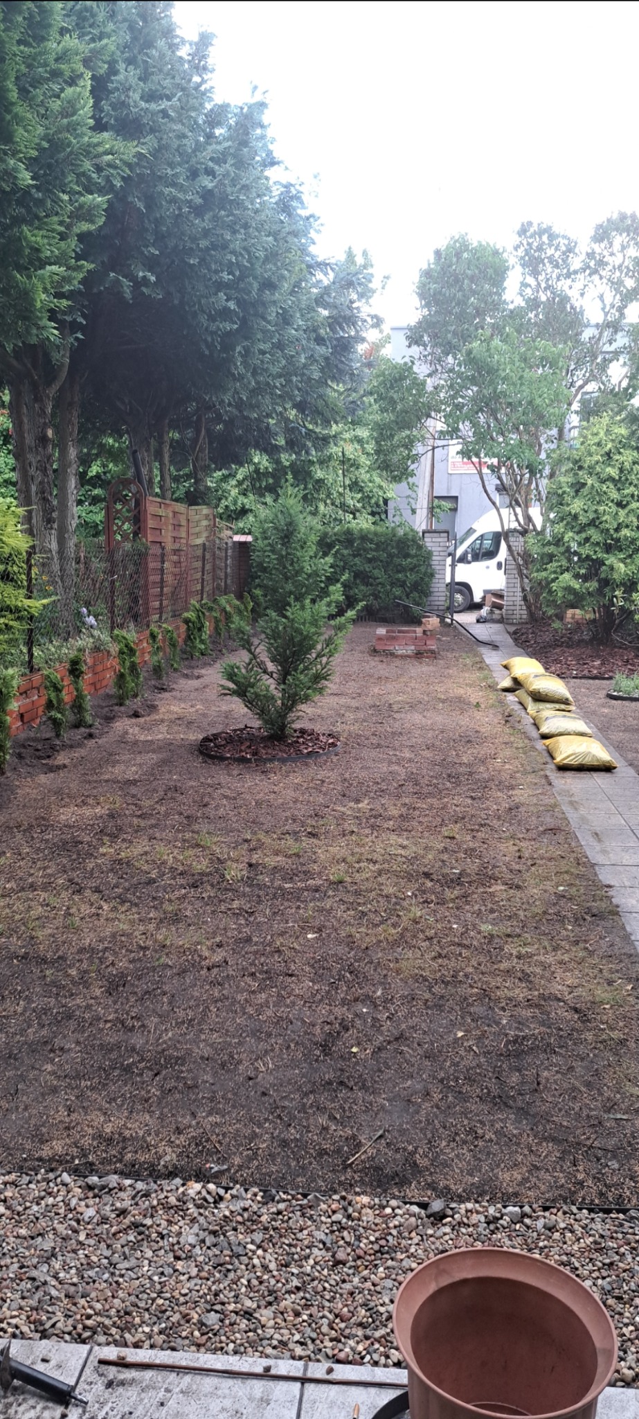 Założony trawnik z młodymi drzewkami i krzewami wzdłuż ogrodzenia. Widoczne worki z ziemią i doniczka. Świeżo posiana trawa z widoczną ziemią.