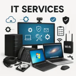 Ilustracja usług IT: laptopy, monitor z ikonami, router Wi-Fi, dysk twardy, kabel, telefon. Grafika prezentuje kompleksowe rozwiązania informatyczne.