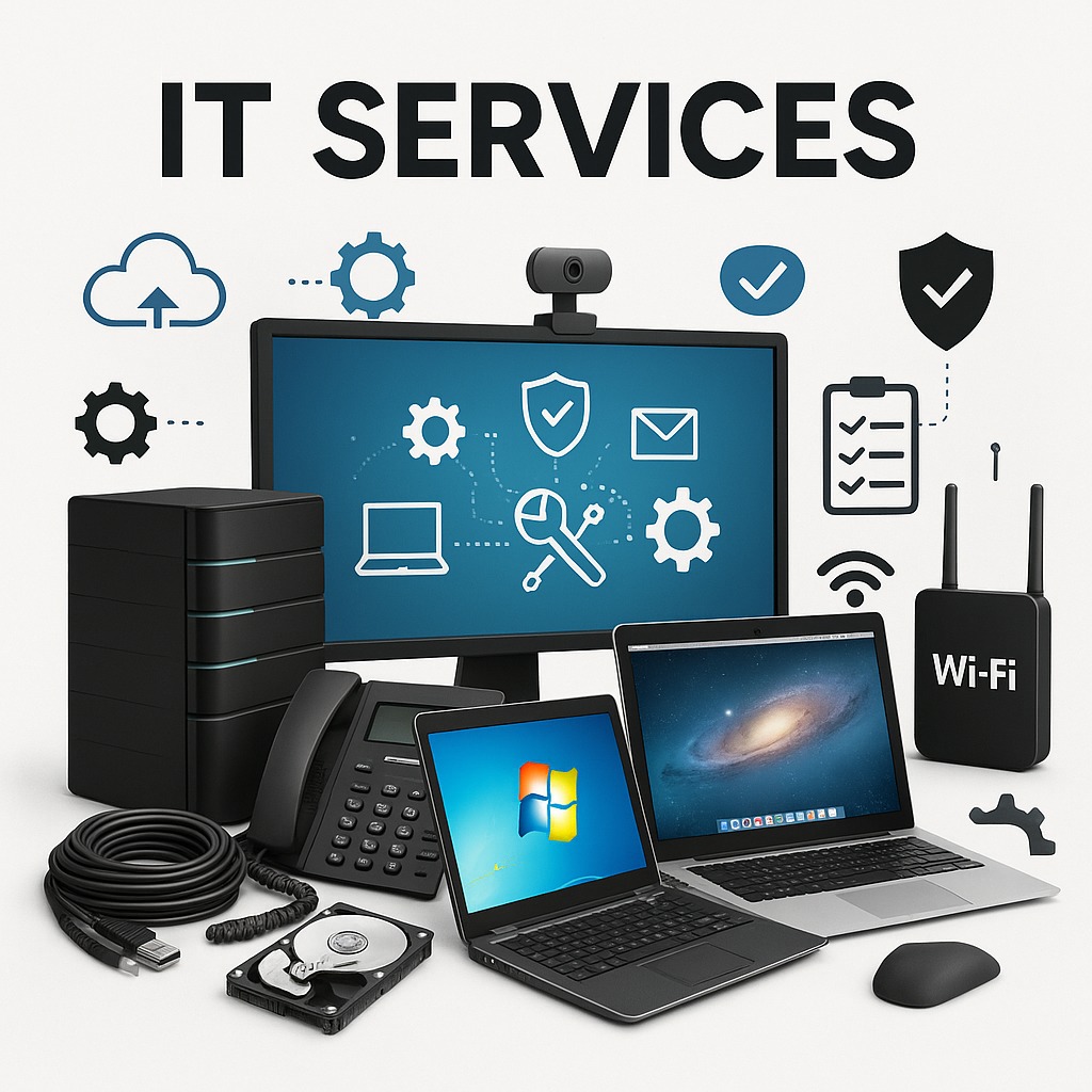 Ilustracja usług IT: laptopy, monitor z ikonami, router Wi-Fi, dysk twardy, kabel, telefon. Grafika prezentuje kompleksowe rozwiązania informatyczne.