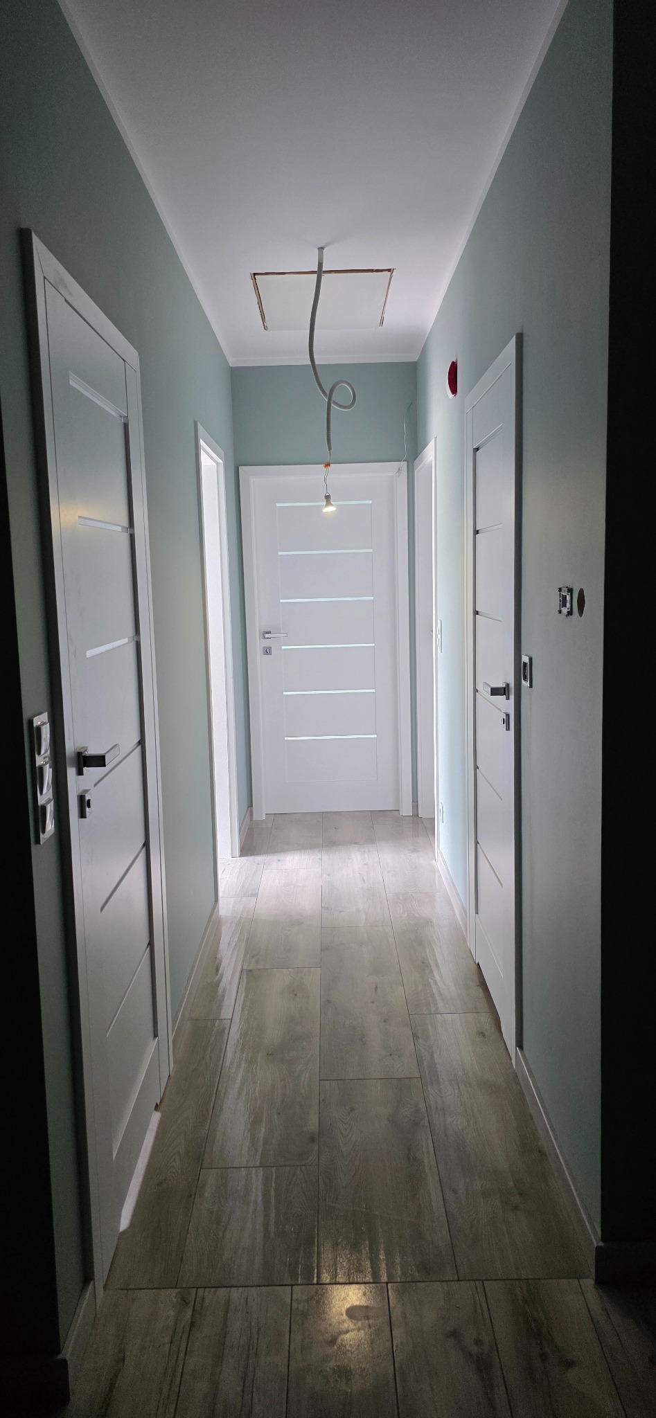 Korytarz w odcieniach szarości z drewnopodobnymi płytkami podłogowymi, białymi drzwiami i odkrytym kablem oświetleniowym na suficie. Widok w perspektywie.