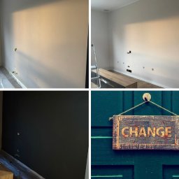 ABInterior - Remont pokoju w układzie 'przed i po': ściana przygotowana do malowania i pomalowana na ciemny kolor. Na drzwiach wisi tabliczka z napisem 'CHANGE'.