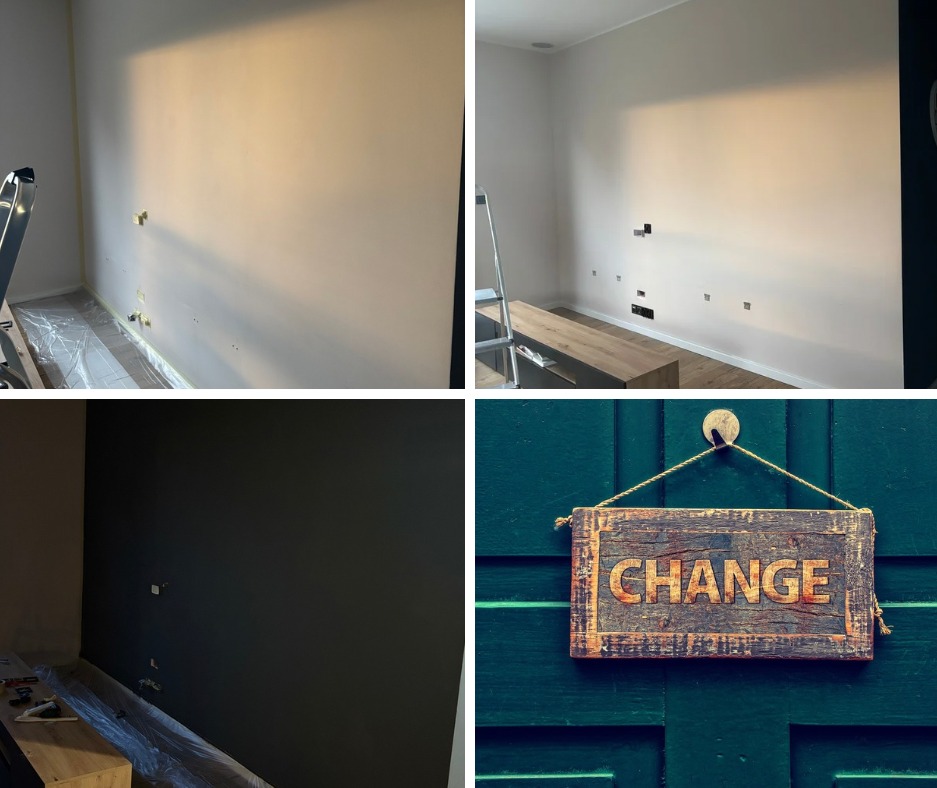 Remont pokoju w układzie 'przed i po': ściana przygotowana do malowania i pomalowana na ciemny kolor. Na drzwiach wisi tabliczka z napisem 'CHANGE'.