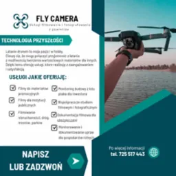 Grafika reklamowa z dronem w locie nad wodą. Oferta usług filmowania i fotografowania z powietrza, monitoring budowy, dokumentacja filmowa i inne. Numer telefonu kontaktowego.