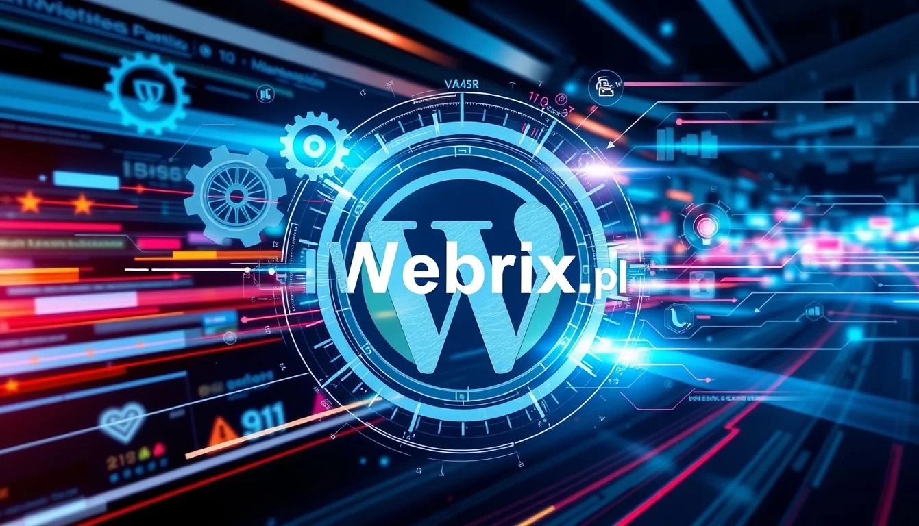 Grafika z logo Webrix.pl w okręgu, z motywami cyfrowymi: koła zębate, wykresy, linie. Kolorystyka: niebieski, czerwony, futurystyczny design. Strony internetowe i AI.