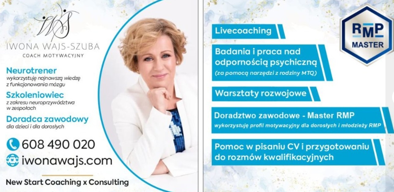 Kolaż reklamowy z portretem Iwony Wajs-Szuby, coacha motywacyjnego. Oferta obejmuje live coaching, warsztaty rozwojowe, doradztwo zawodowe i pomoc w pisaniu CV.