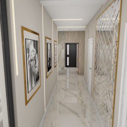 Rokosz Design - Wizualizacja korytarza z marmurową podłogą, dekoracyjnym lustrem i galerią obrazów w złotych ramach. Nowoczesne oświetlenie liniowe podkreśla minimalistyczny design.