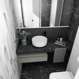 Elegancka łazienka z umywalką nablatową na czarnym blacie z marmuru, czarną armaturą i dekoracyjną ścianą z efektem 3D. Minimalistyczny design z akcentami roślinnymi.