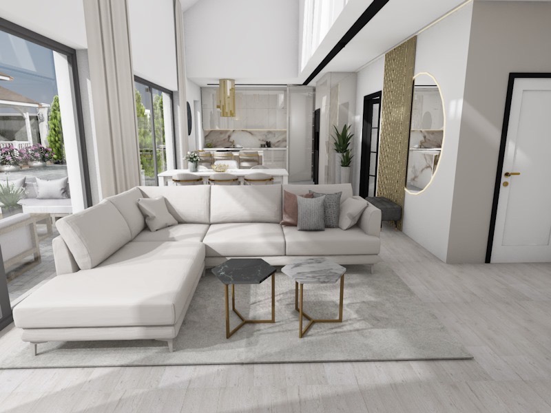 Jasne wnętrze: narożnik z szezlongiem, marmurowe stoliki, okrągłe lustro z podświetleniem, wysokie okna z widokiem na zewnątrz. Nowoczesny design z elementami glamour.