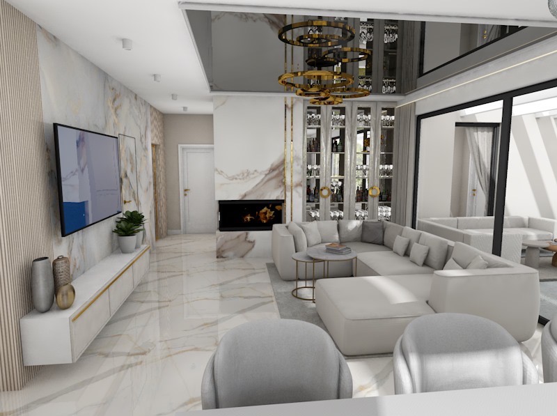 Elegancki salon z marmurową ścianą, kominkiem i barkiem. Kremowa sofa narożna, lustrzany sufit z dekoracyjnym oświetleniem. Nowoczesny design wnętrza.
