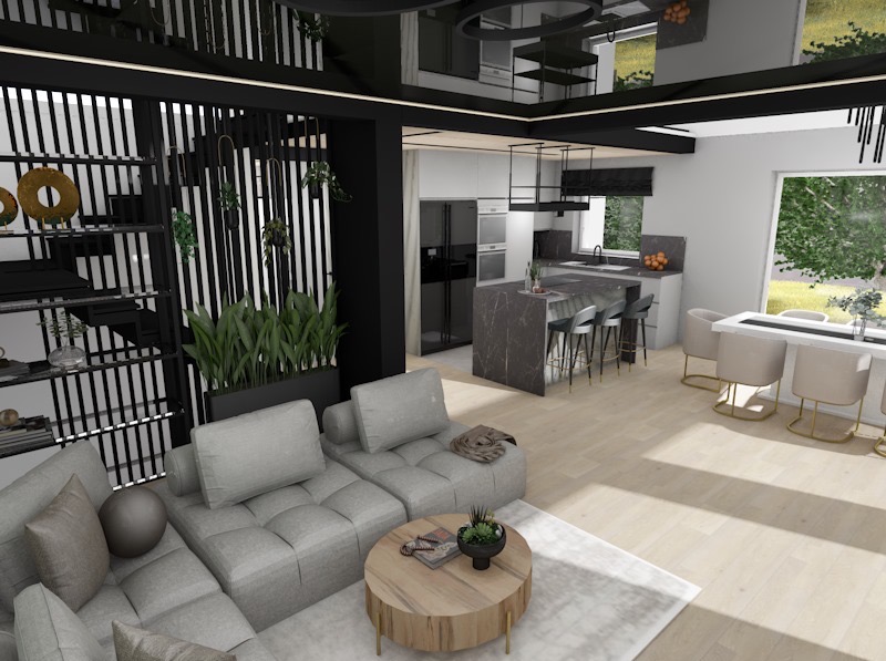 Nowoczesne wnętrze z szarą sofą modułową, drewnianym stolikiem kawowym i roślinami. W tle widoczna kuchnia z wyspą i jadalnia z dużym oknem.