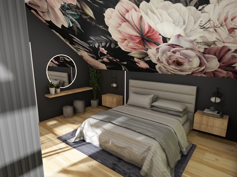 Nowoczesna sypialnia z kwiatową tapetą, okrągłym lustrem z podświetleniem LED i szarą pościelą w paski, w jasnym wnętrzu.