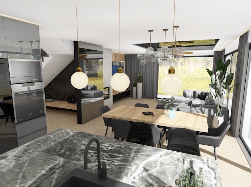Wnętrze domu z otwartą kuchnią i jadalnią, widok z blatu kuchennego na stół, salon i schody. Nowoczesne lampy wiszące, duże okna wpuszczają światło.