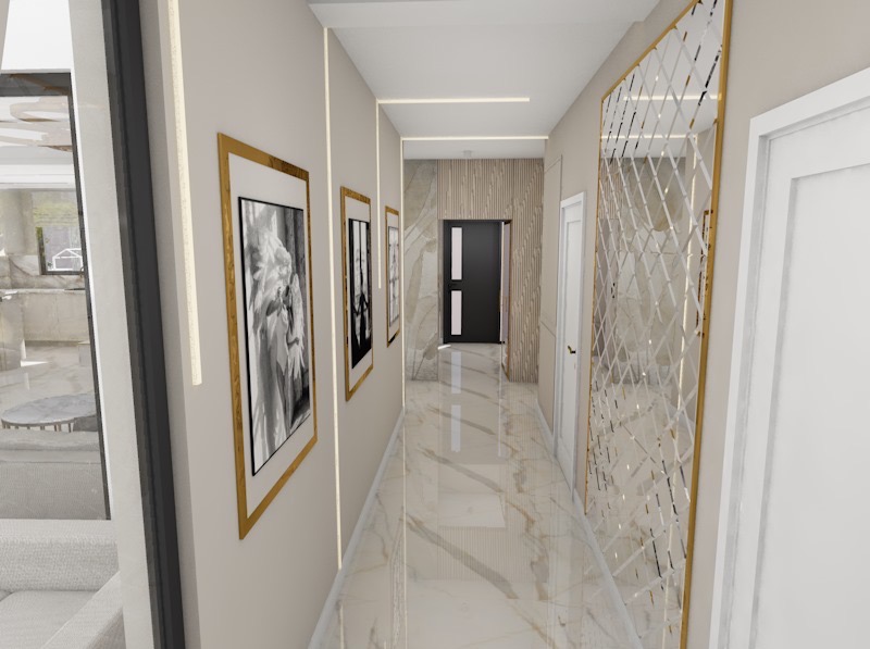 Wizualizacja korytarza z marmurową podłogą, dekoracyjnym lustrem i galerią obrazów w złotych ramach. Nowoczesne oświetlenie liniowe podkreśla minimalistyczny design.