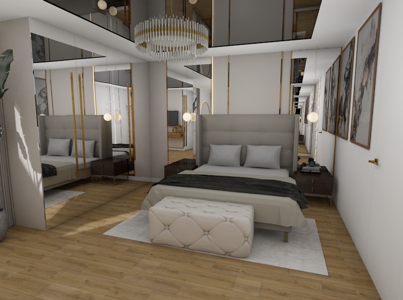 Elegancka sypialnia z lustrzanymi ścianami, beżowym łóżkiem, pufą i parkietem. Złote akcenty w oświetleniu i ramach luster. Minimalistyczny design z dekoracyjnymi obrazami na ścianie.