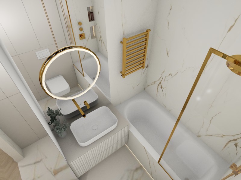 Elegancka łazienka w bieli i złocie. Umywalka nablatowa, okrągłe lustro z podświetleniem LED, marmurowe płytki i grzejnik drabinkowy tworzą luksusowy klimat.