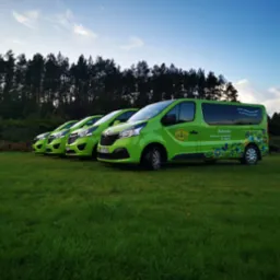 Flota zielonych busów z dekoracyjnym motywem roślinnym, ustawiona rzędem na trawie na tle lasu i nieba. Widoczny napis 'Bukowina'.