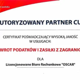 Certyfikat Autoryzowanego Partnera CUF dla biura rachunkowego 'OSCAR' potwierdzający wysoką jakość usług zwrotu podatków i zasiłków z zagranicy.