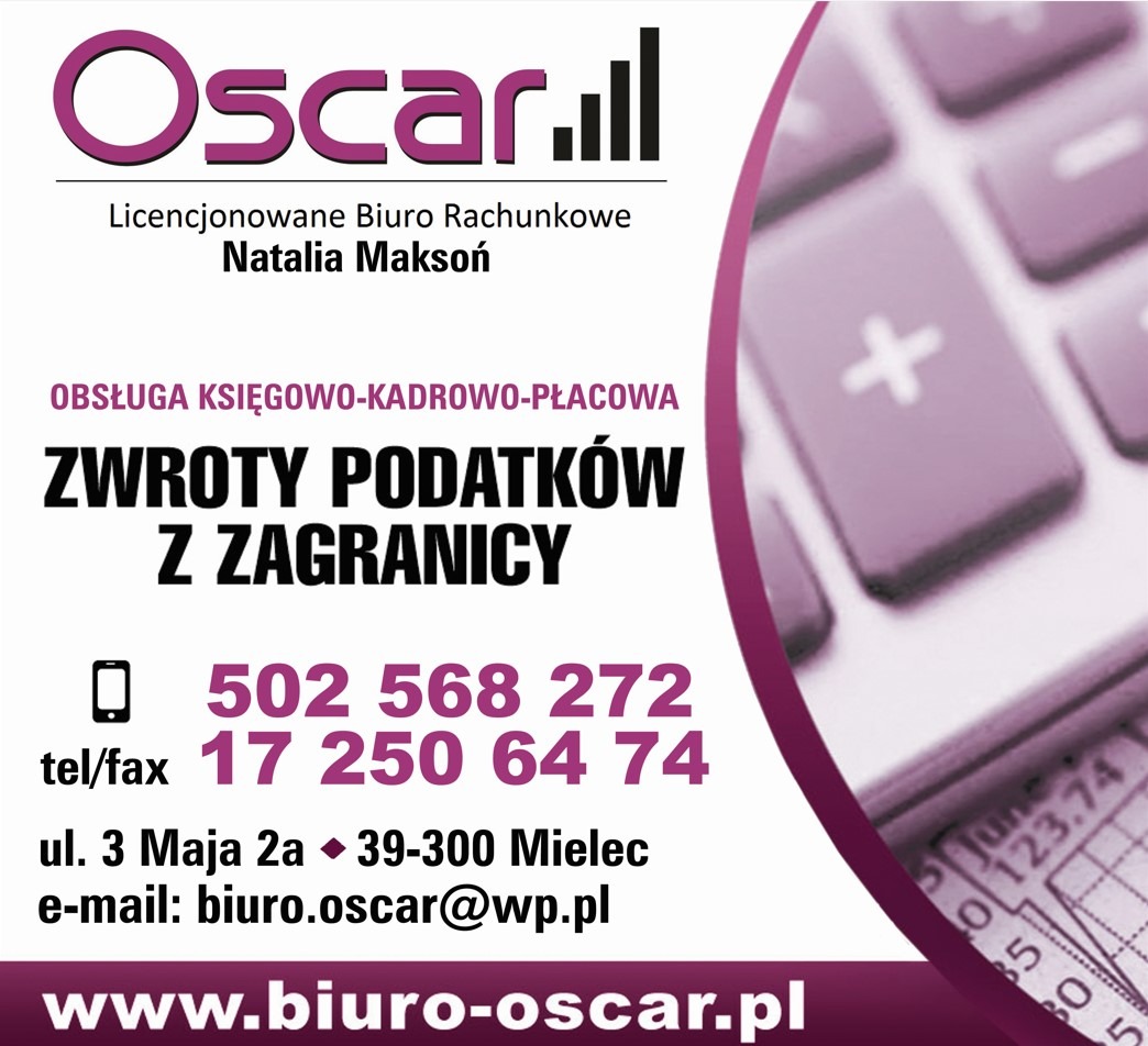 Wizytówka biura rachunkowego Oscar. Zwroty podatków z zagranicy, obsługa księgowo-kadrowo-płacowa. Dane kontaktowe: adres, telefon, e-mail, strona www.