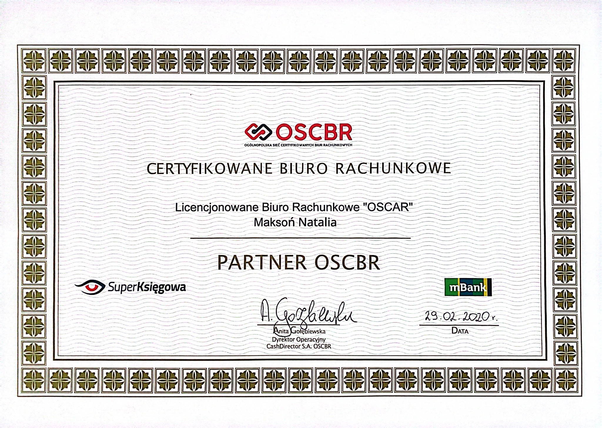 Certyfikat OSCBR dla biura rachunkowego 'OSCAR' Natalii Maksoń, partnera sieci. Dokument z datą 29.02.2020 r. zawiera logo SuperKsięgowa i mBank.
