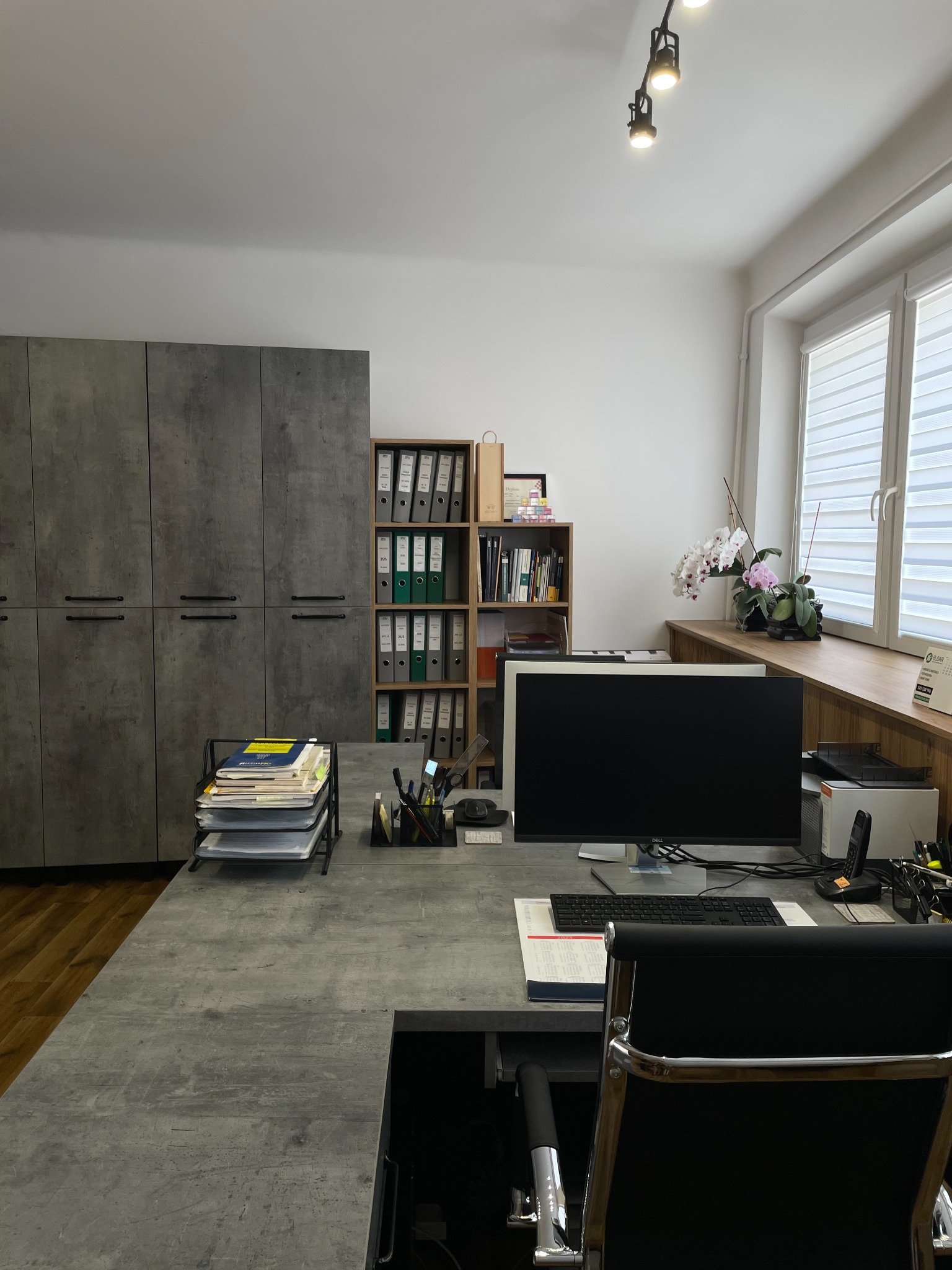 Biuro z szarą szafą, regałem z segregatorami, biurkiem z komputerem i dokumentami. Stonowana kolorystyka, nowoczesny design.