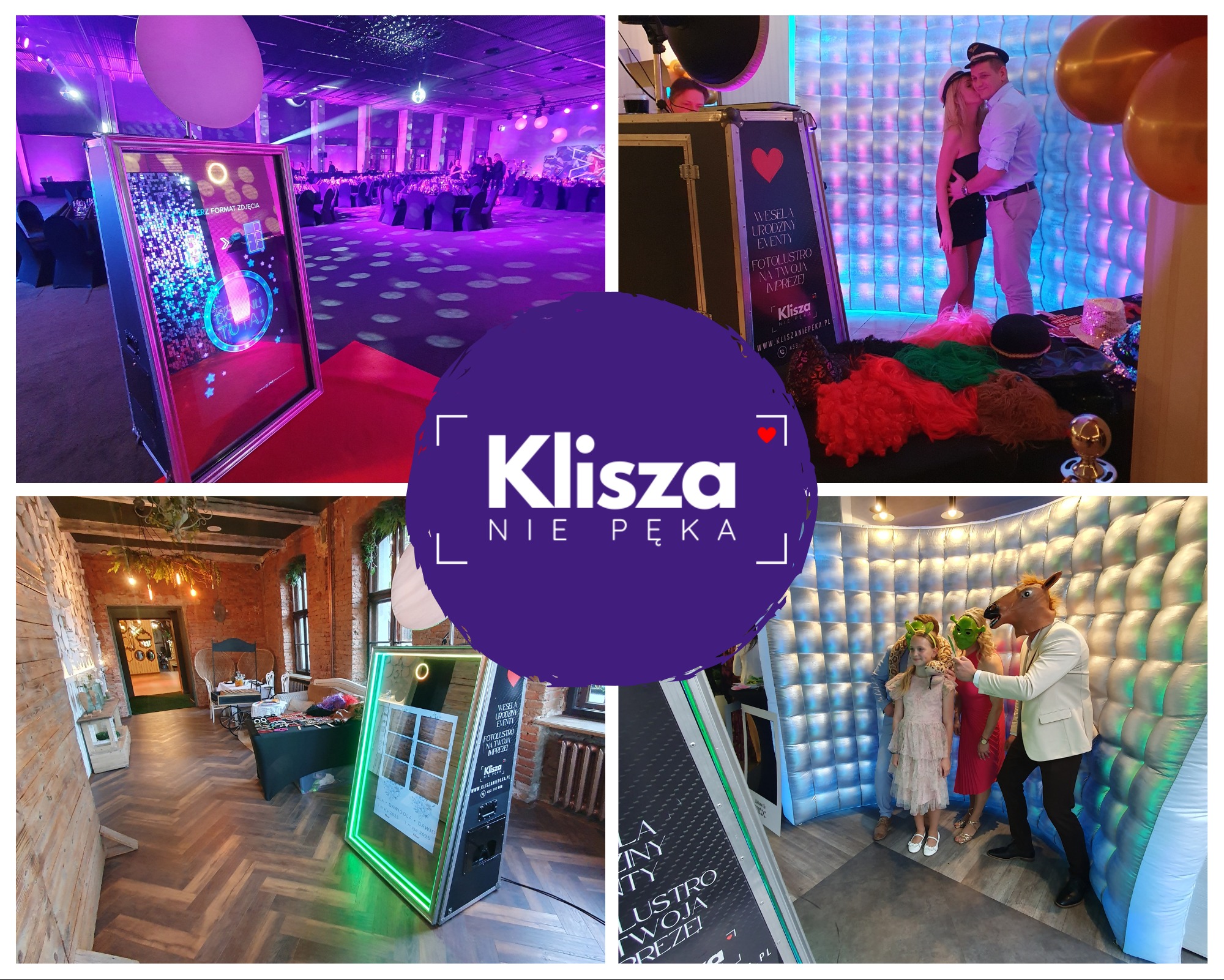 Kolaż zdjęć z imprez z użyciem fotolustra: pary, maski konia i Shreka, dekoracje, neonowe światła, detale ustawień fotolustra.