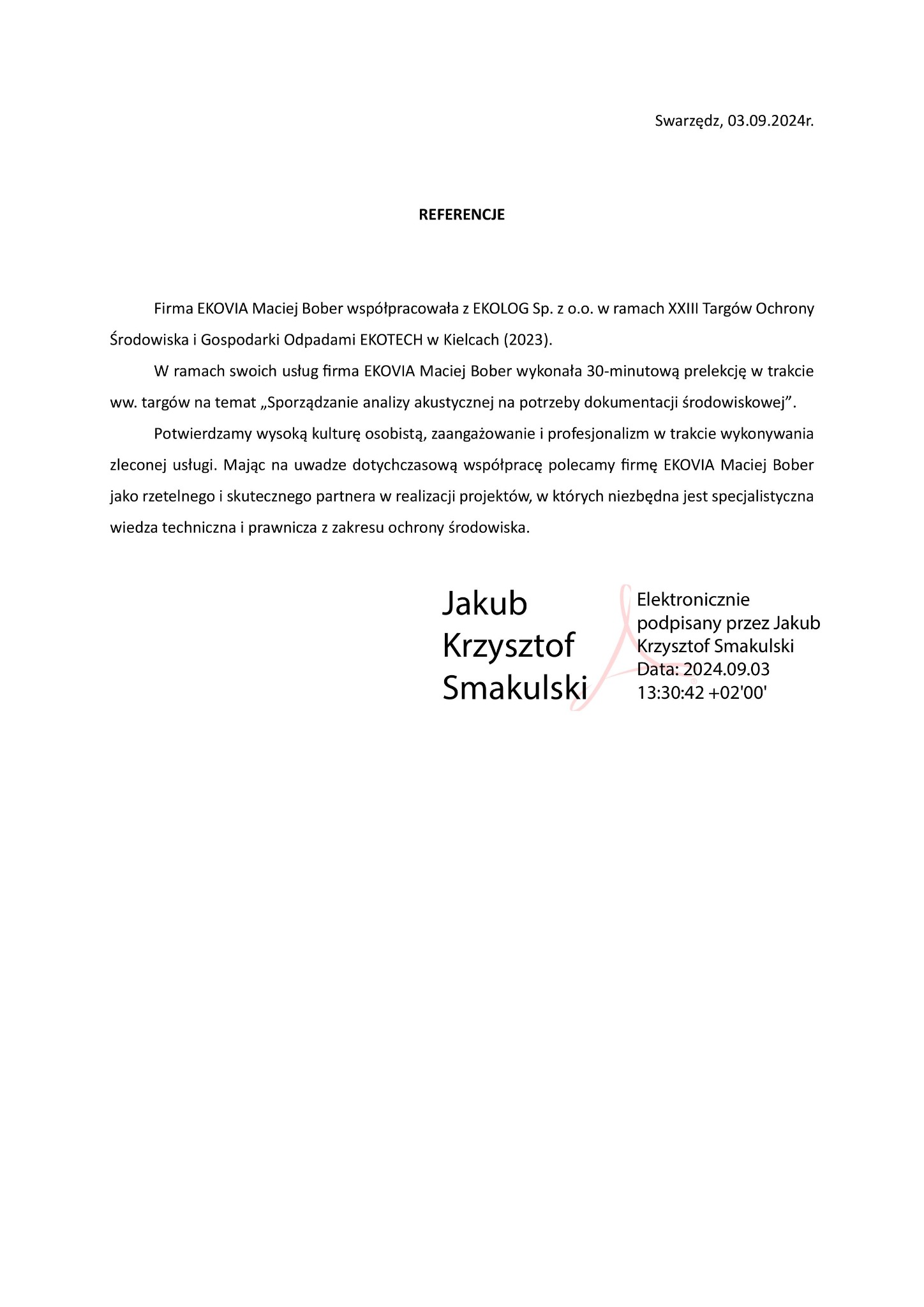Dokument referencyjny firmy EKOVIA Maciej Bober z datą 03.09.2024, potwierdzający współpracę i polecający firmę jako rzetelnego partnera w projektach.