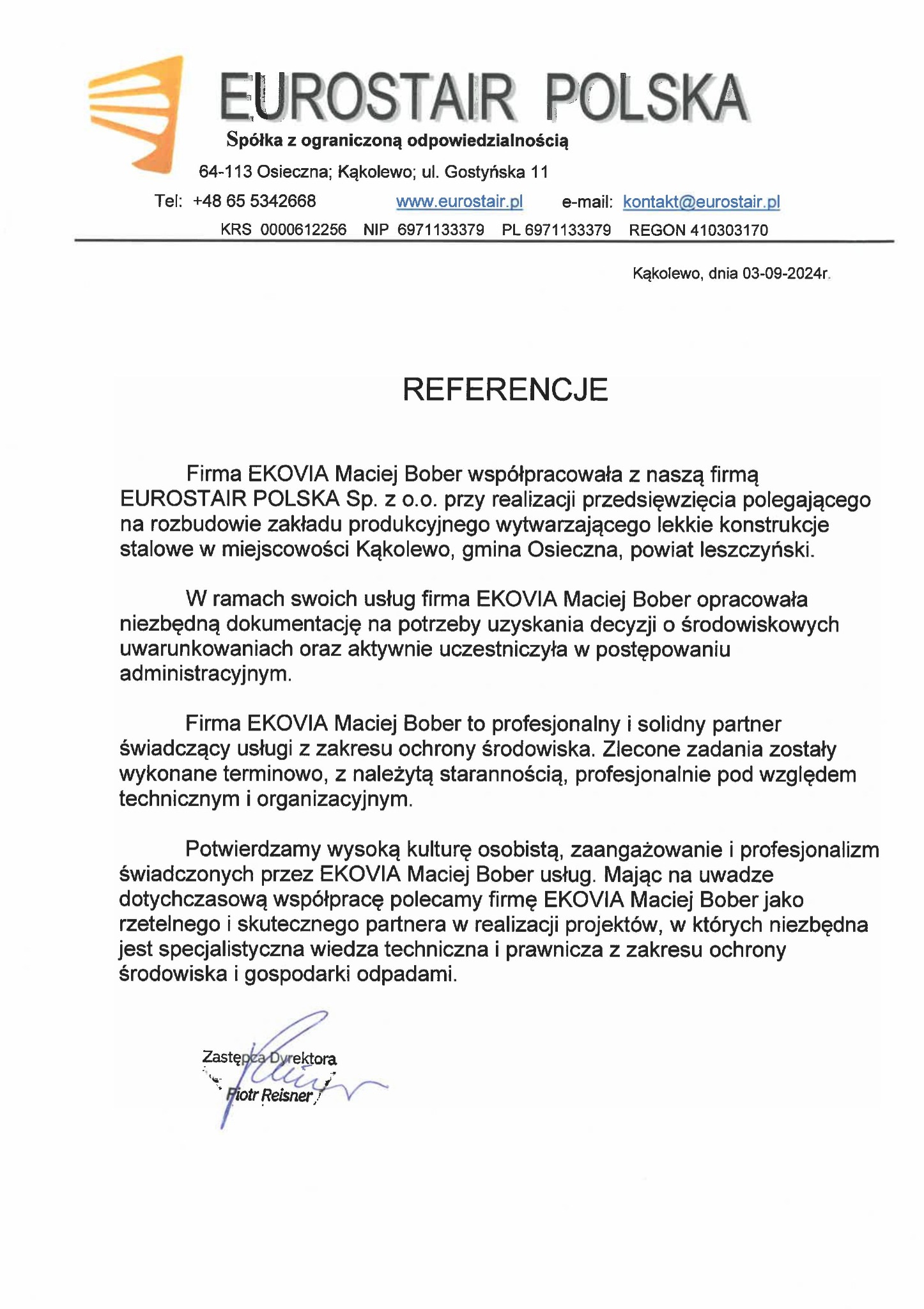 Referencje od Eurostair Polska dla EKOVIA Maciej Bober za usługi w zakresie ochrony środowiska i gospodarki odpadami, z podpisem Zastępcy Dyrektora.