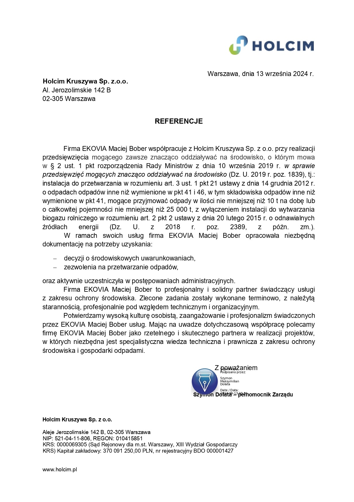 Dokument referencyjny od Holcim Kruszywa Sp. z o.o. dla firmy EKOVIA Maciej Bober, potwierdzający współpracę w zakresie ochrony środowiska i gospodarki odpadami.