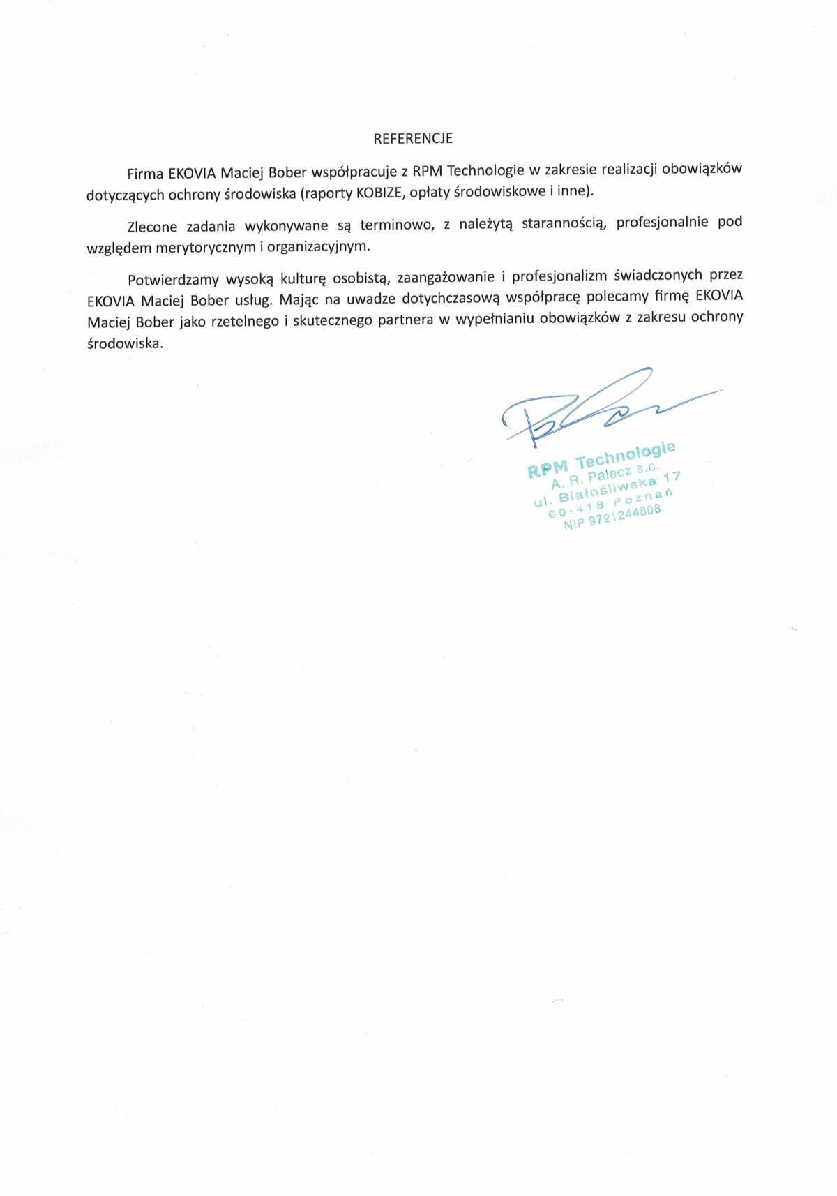 Skan referencji dla firmy EKOVIA Maciej Bober od RPM Technologie, potwierdzający rzetelność i skuteczność w ochronie środowiska. Zawiera tekst i podpis.