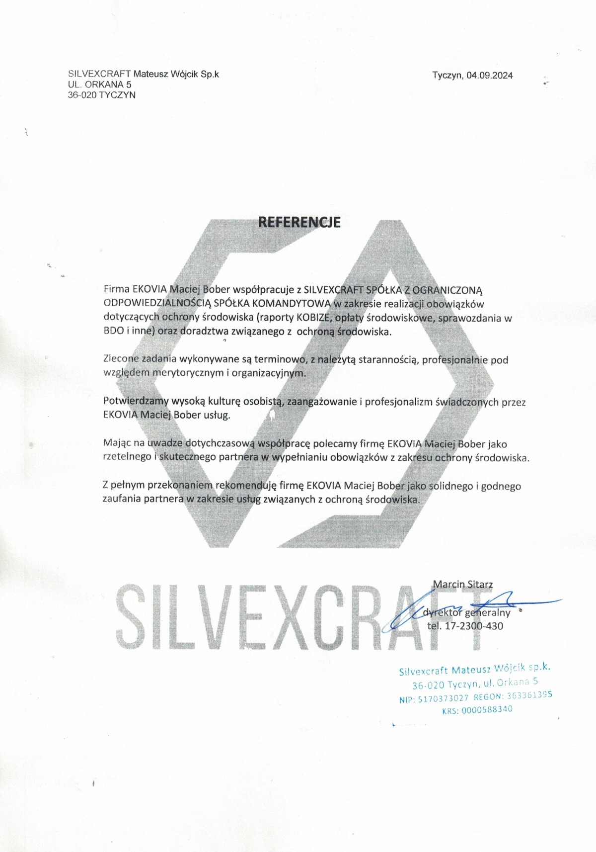 Referencje dla Silvexcraft Mateusz Wójcik Sp.k. od EKOVIA Maciej Bober. Dokument potwierdza solidność i profesjonalizm w zakresie usług związanych z ochroną środowiska.